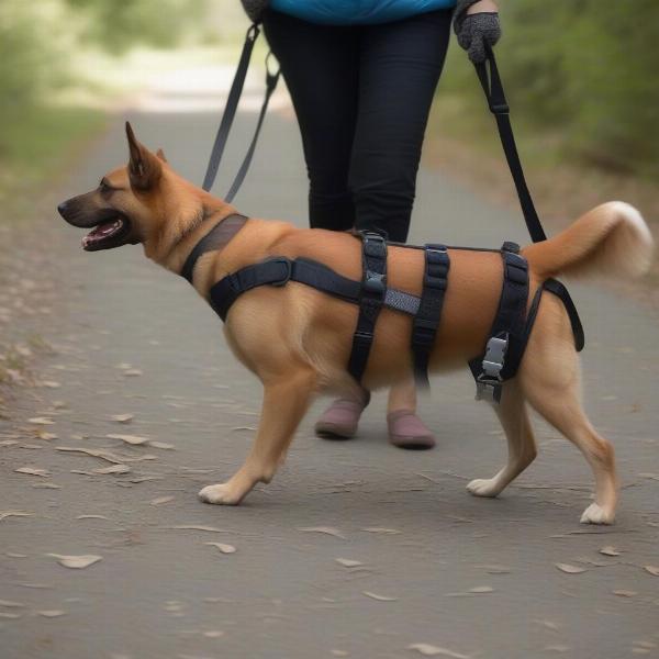 Dog with a full body harness walks calmly beside owner