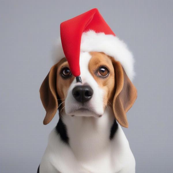 Dog wearing a Santa hat tilting its head