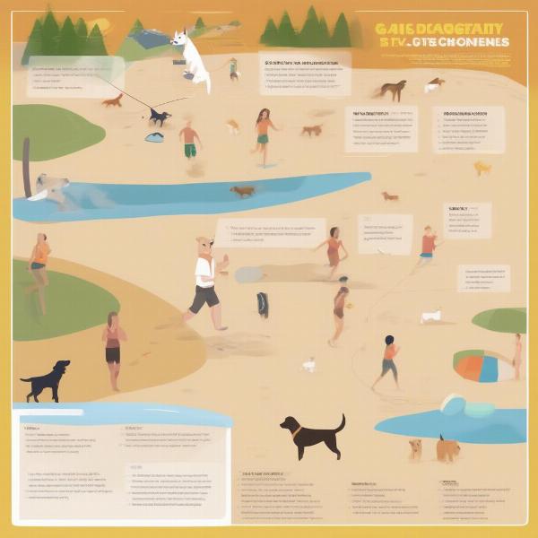 Activities at Gellatly Dog Beach: dogs swimming, playing fetch, and exploring the park.