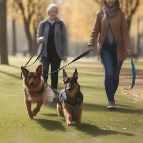 German Shepherd and Dachshund Walking Together on Leashes