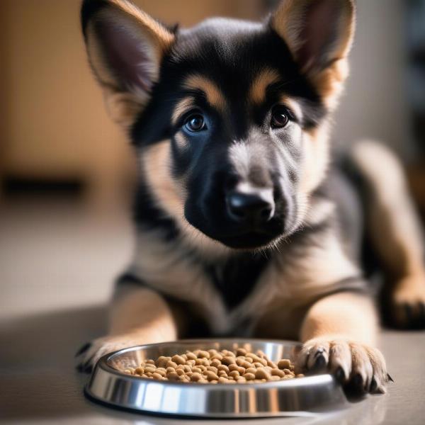 German Shepherd puppy eating from a bowl