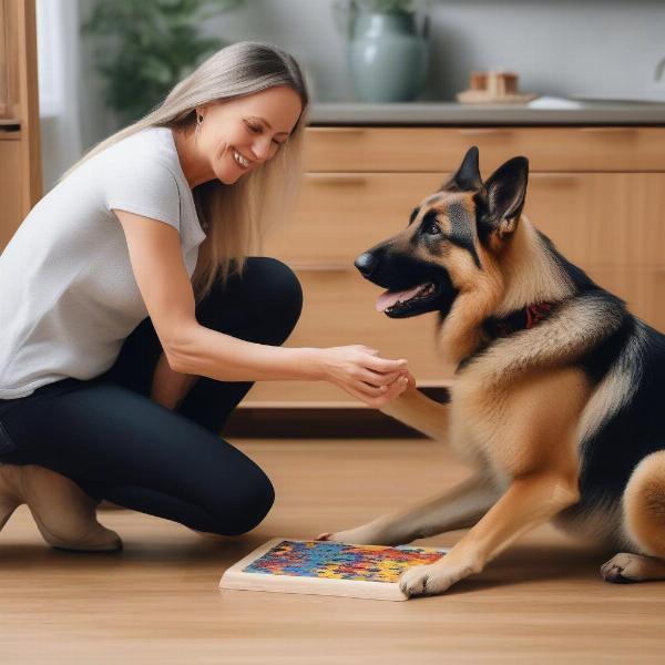 Owner helping their German Shepherd with a puzzle