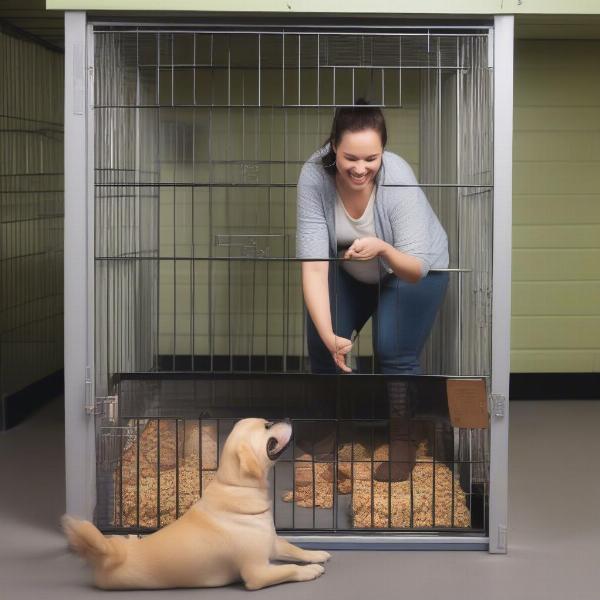 Introducing a dog to its new large indoor dog kennel