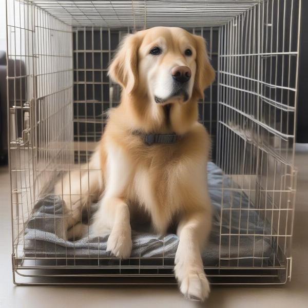 Golden Retriever in a correctly sized dog crate