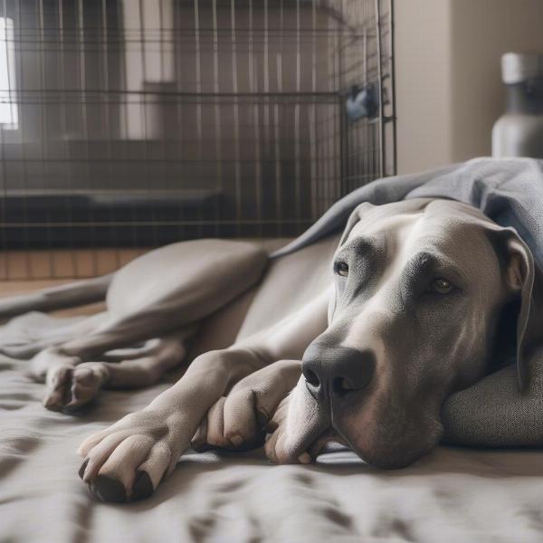 Great Dane comfortably resting in a properly sized crate