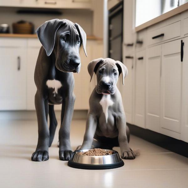 Great Dane puppy eating from a bowl