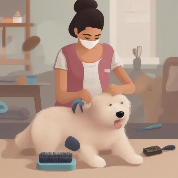 A person grooming a habibi bear dog with special brushes