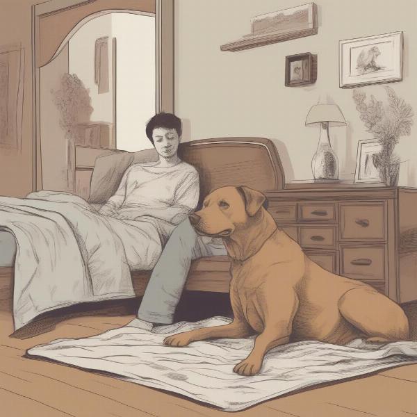 A happy dog and their owner relaxing in the bedroom