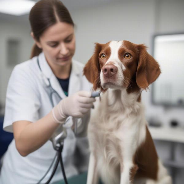 Healthy Brittany Spaniel receiving veterinary checkup