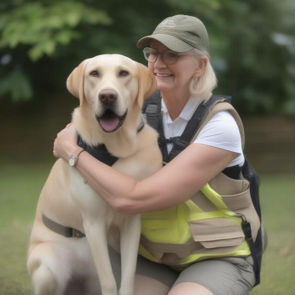 Hearing dog and owner embracing