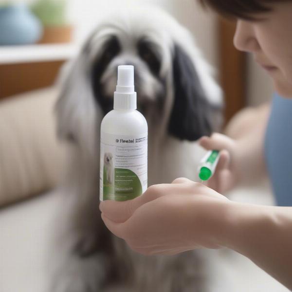 Herbal flea repellent spray being applied to a dog