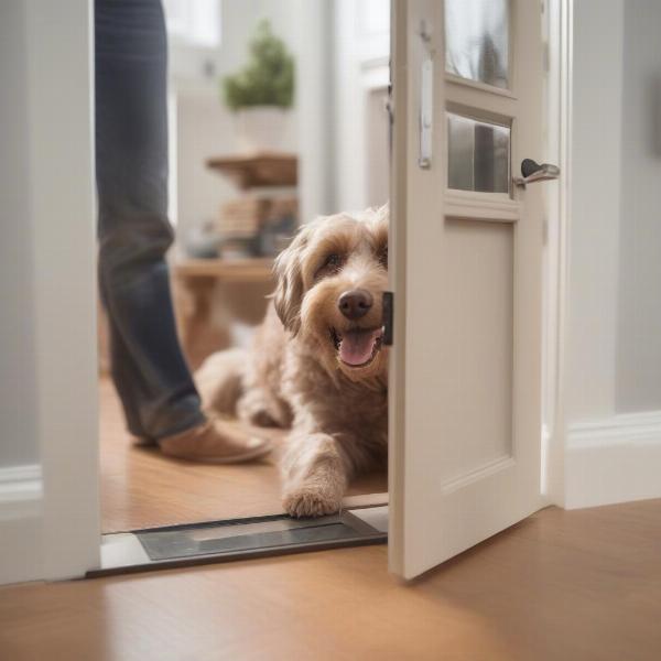 Training a dog to use a pet door using treats and positive reinforcement