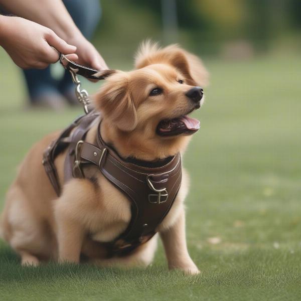 Training a dog with a leather harness