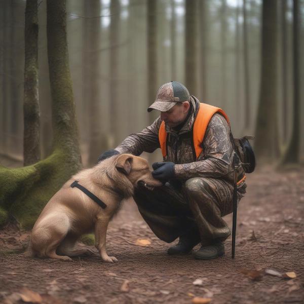 Hunter and dog with protective vest in the forest.