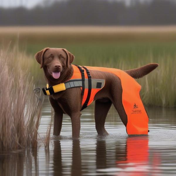 Hunting dog wearing a bright orange life vest retrieving a duck from the water.