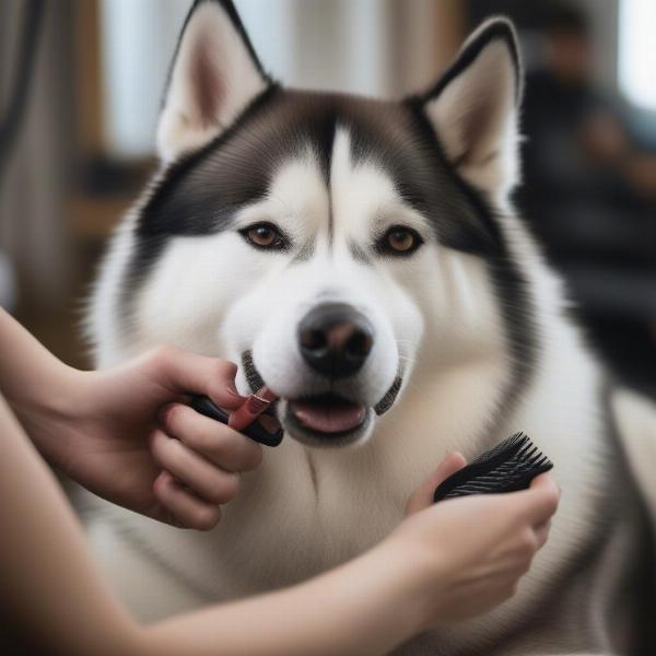 Husky being brushed with a slicker brush