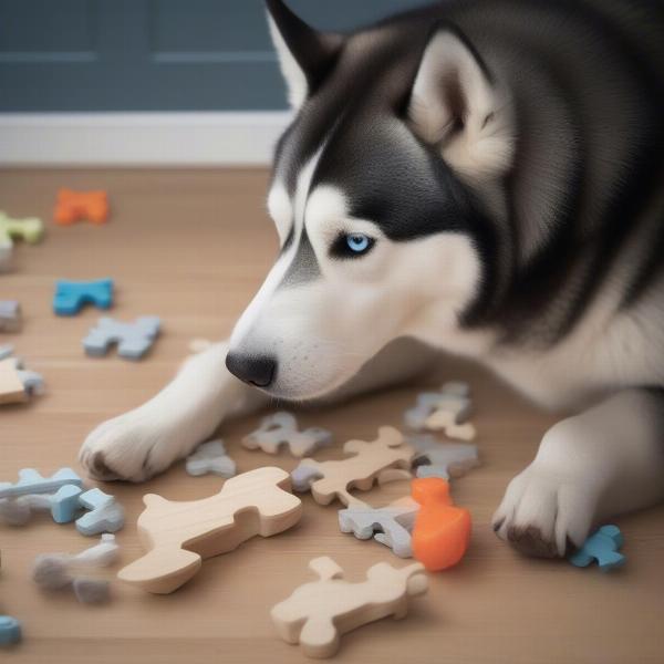 Husky concentrating on a puzzle toy