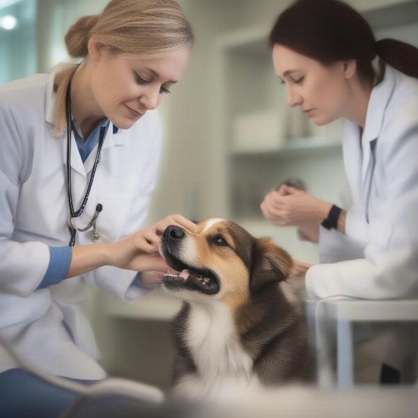 A veterinarian comforting a dog, symbolizing improved animal care and welfare.