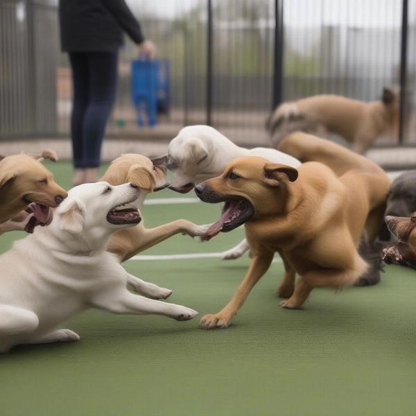 Dogs socializing at an indoor dog park