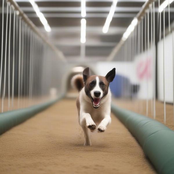 Dog navigating an agility course in an indoor dog park in Dallas