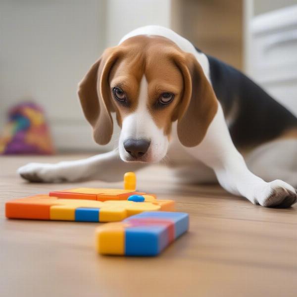 A beagle interacting with a puzzle toy