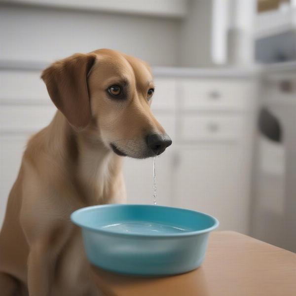 Dog cautiously sniffing a water bowl with a small amount of additive