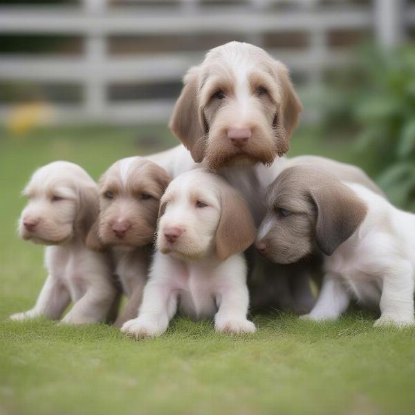 Italian Spinone litter with their mother