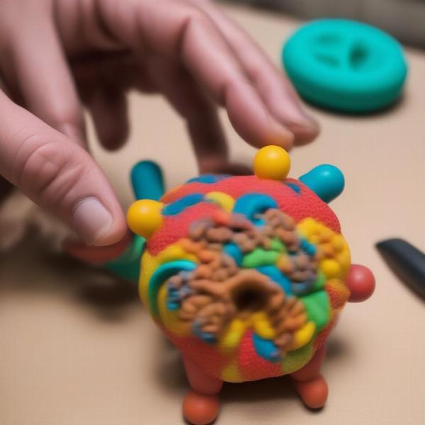 A person inspecting a dog toy for damage.