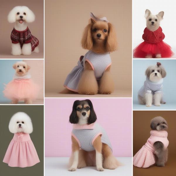 Different styles of dog dresses for various occasions.