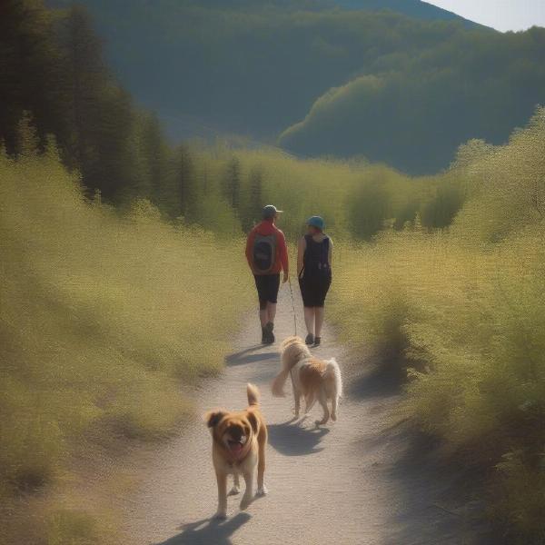 Dogs exploring trails at Knox Mountain Park