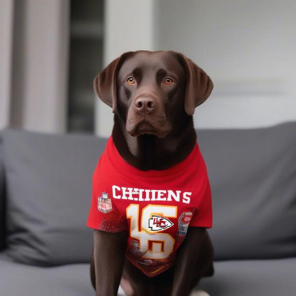 Labrador dog wearing a Chiefs t-shirt