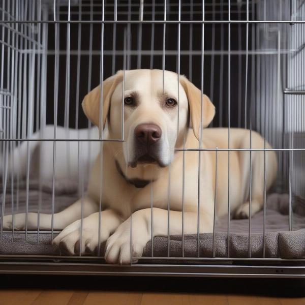 Labrador Retriever in a properly sized dog cage