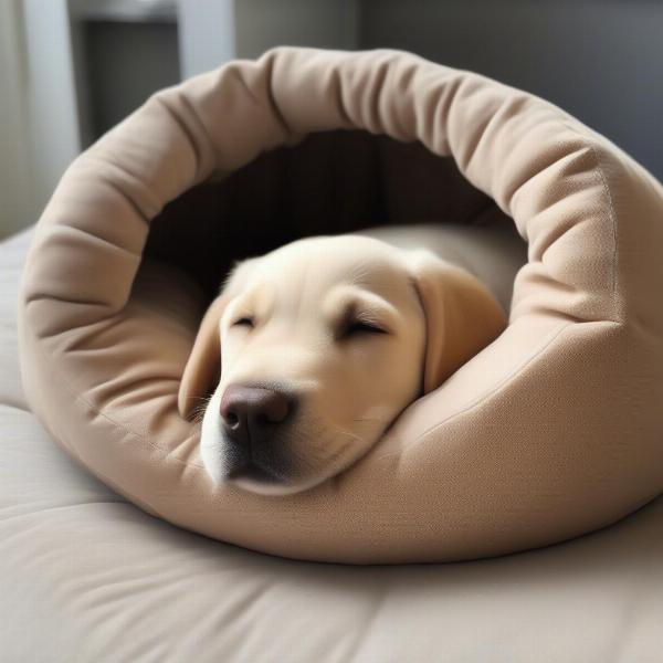 A Labrador puppy sleeping in a appropriately sized dog bed.