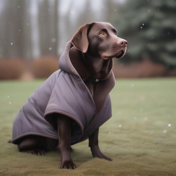 Labrador Retriever wearing a winter coat