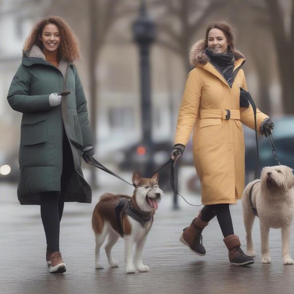 Ladies Enjoying Walks with Their Dogs in Stylish Coats