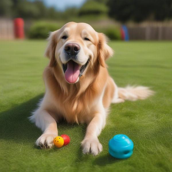 Large dog happily chewing on a durable toy