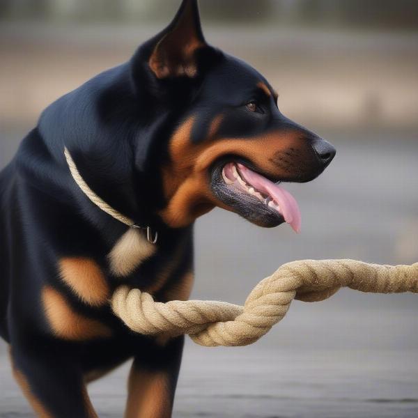 Large dog happily playing tug-of-war with a durable rope toy