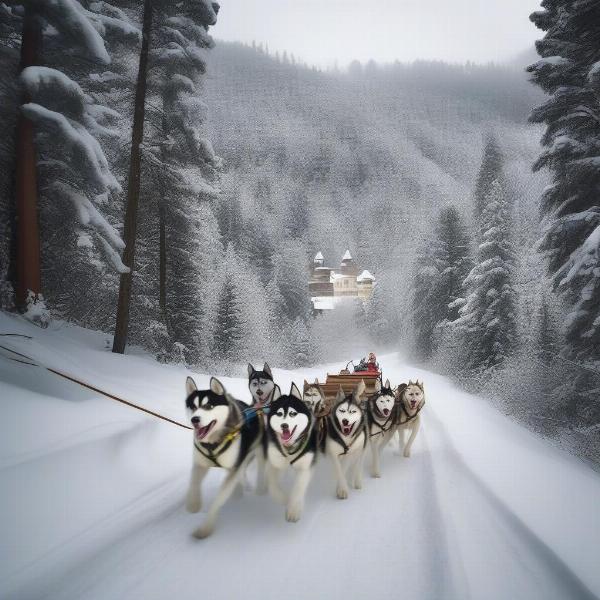 Leavenworth Dog Sledding Winter Tour: A team of sled dogs pulls a sled through the snowy forests of Leavenworth, Washington, with the Bavarian-style buildings in the background.