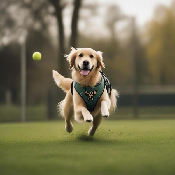 An active dog wearing a Legend of Zelda dog collar and harness while playing fetch.