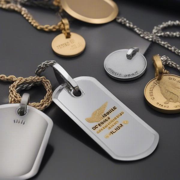 Luxury Dog Tag Materials: Stainless steel, silver, and gold dog tags on display.