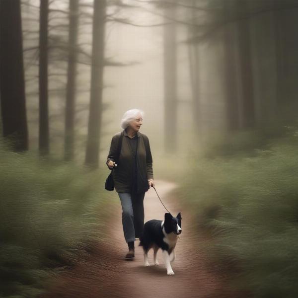 Mary Oliver walking her dog in a peaceful natural setting