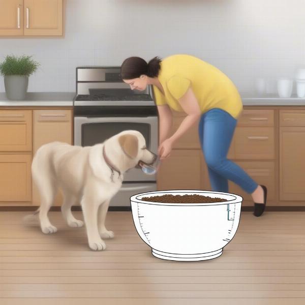 A person measuring the height and width of a large dog bowl with a measuring tape.