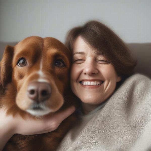 Miniature Brittany cuddling with owner