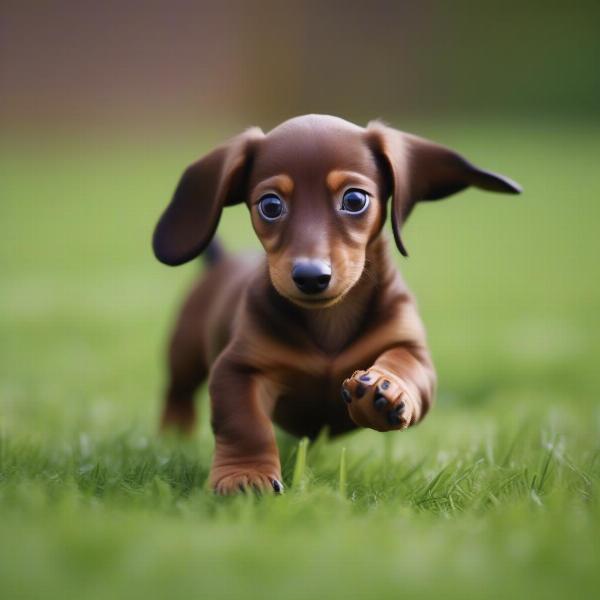 Miniature Dachshund playing in the grass