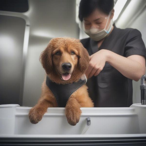 A mobile dog groomer performing various services like bathing, hair cutting, nail trimming on a dog in Hull.