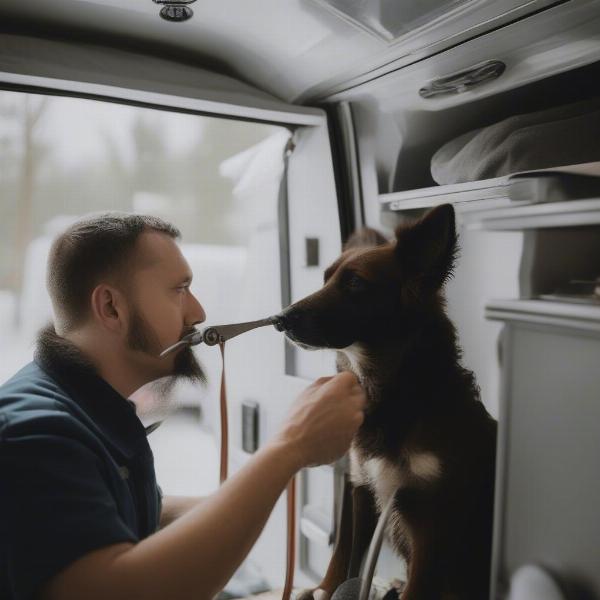 Mobile Dog Grooming in Ottawa: A groomer providing personalized care to a dog in a mobile grooming van.