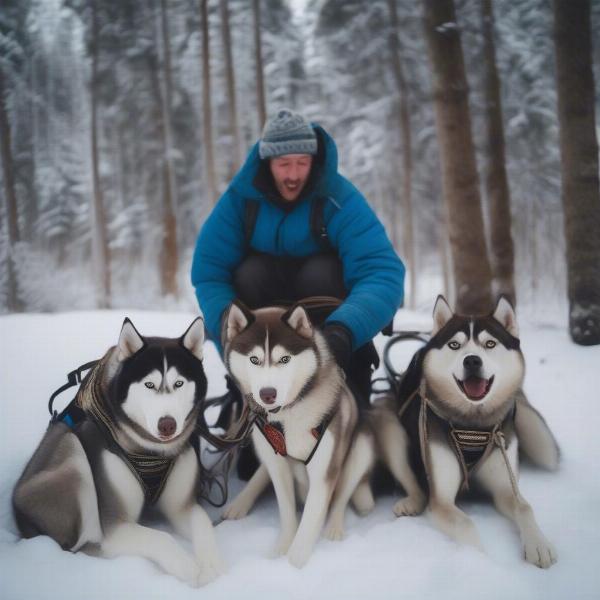 A musher interacting with their sled dog team