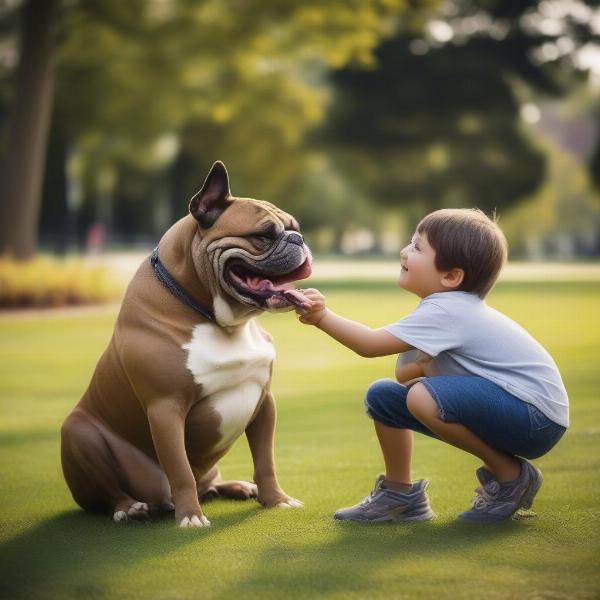 New England Bull Dog playing gently with a child