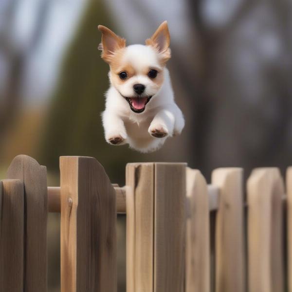 Dog jumping over a low fence