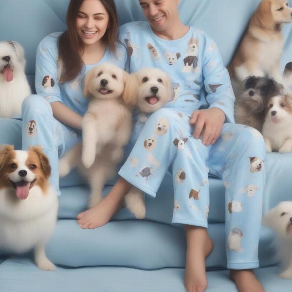 Dog owner wearing dog print pajamas